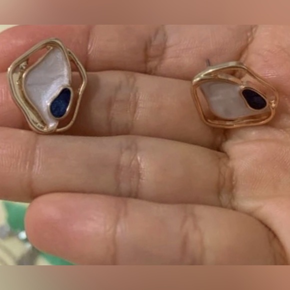 “Creamy Puddles” Artistic Artsy Art Deco Navy Blue Swirl Metallic Gold Wavy Stud - Picture 13 of 14